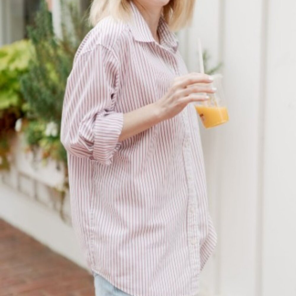 By Anthropologie striped button down shirt lavender , white women's size M - Picture 1 of 8